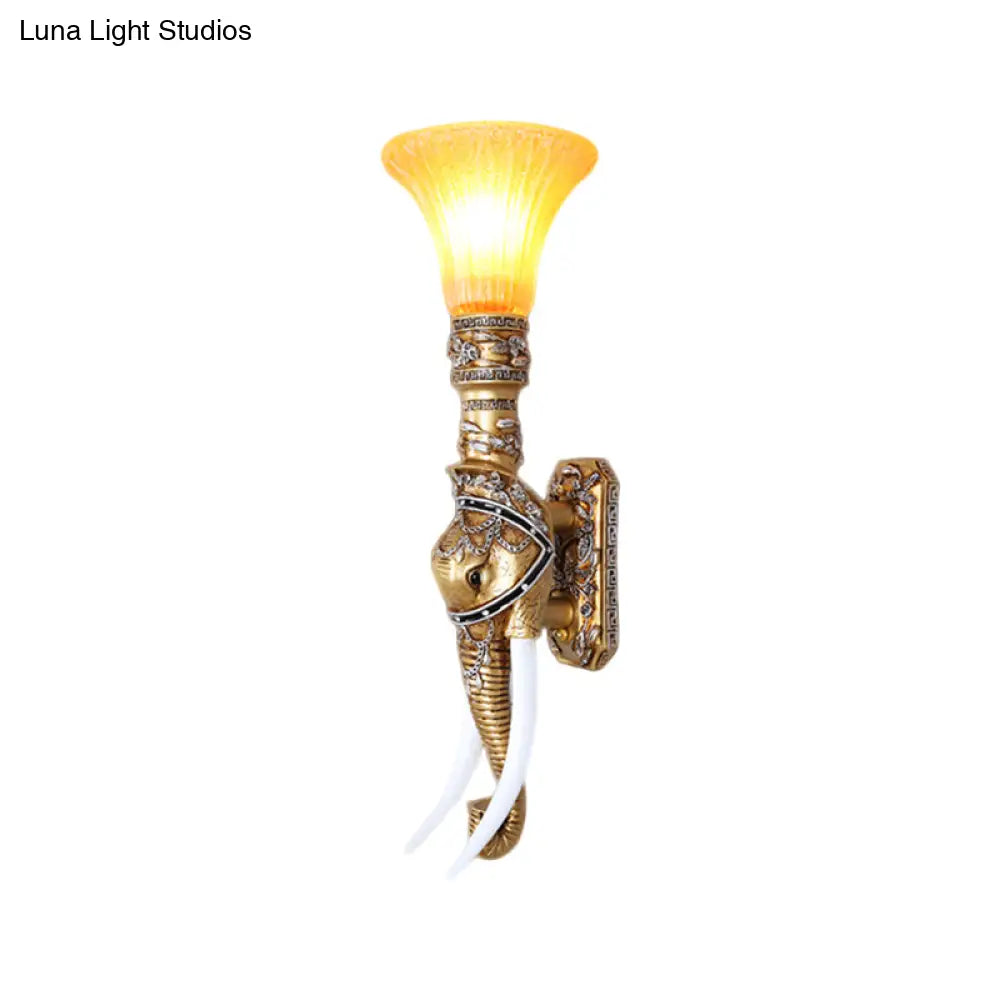 Stylish Elephant Corridor Wall Light: Retro Resin Gold Finish Bell Amber Glass Shade