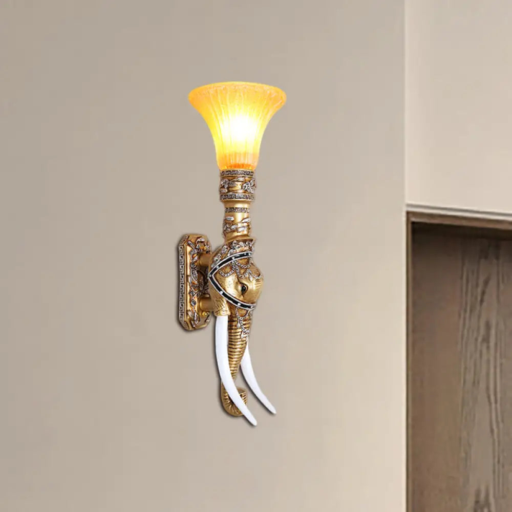 Stylish Elephant Corridor Wall Light: Retro Resin Gold Finish Bell Amber Glass Shade Textured White