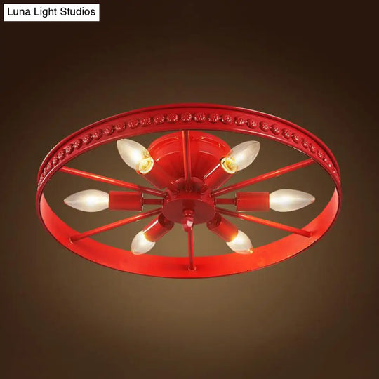 Stylish Farmhouse Ceiling Light With 6 Black/Bronze Metallic Heads And Wheel Shade For Living Room