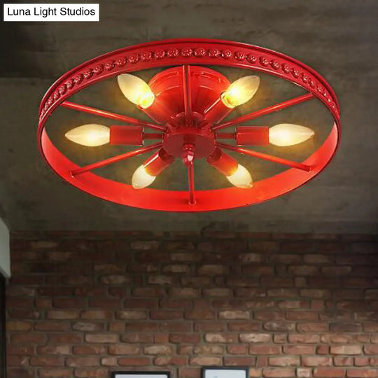 Stylish Farmhouse Ceiling Light With 6 Black/Bronze Metallic Heads And Wheel Shade For Living Room