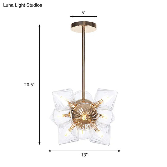 Stylish Farmhouse Diamond Chandelier: Amber/Clear Glass 9/12 Heads Copper/Gold Finish