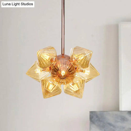 Stylish Farmhouse Chandelier Lamp: Diamond Amber/Clear Glass 9/12 Heads Copper/Gold Finish