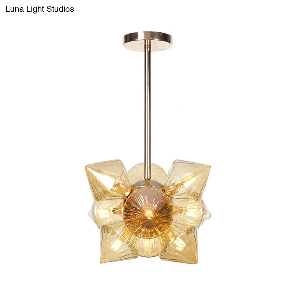 Stylish Farmhouse Chandelier Lamp: Diamond Amber/Clear Glass 9/12 Heads Copper/Gold Finish