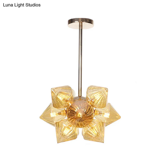 Stylish Farmhouse Chandelier Lamp: Diamond Amber/Clear Glass 9/12 Heads Copper/Gold Finish