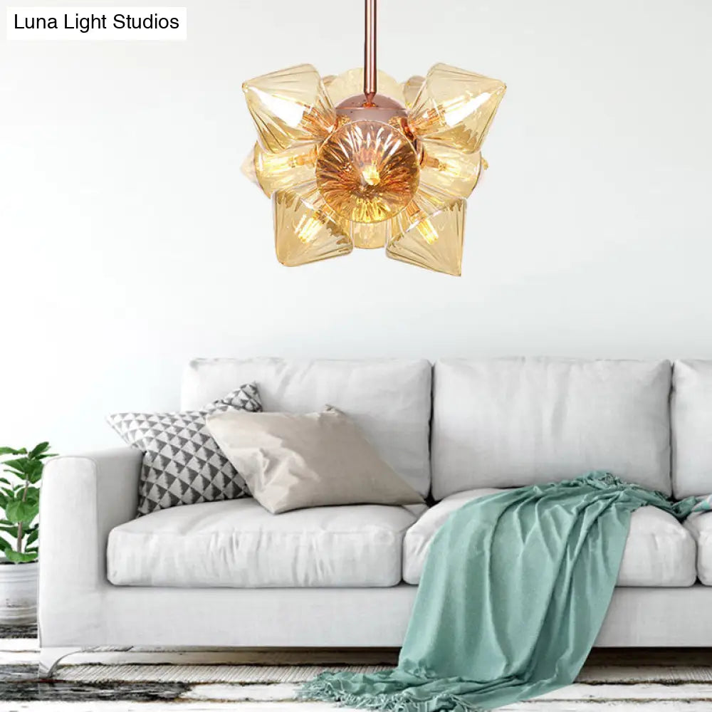 Stylish Farmhouse Chandelier Lamp: Diamond Amber/Clear Glass 9/12 Heads Copper/Gold Finish