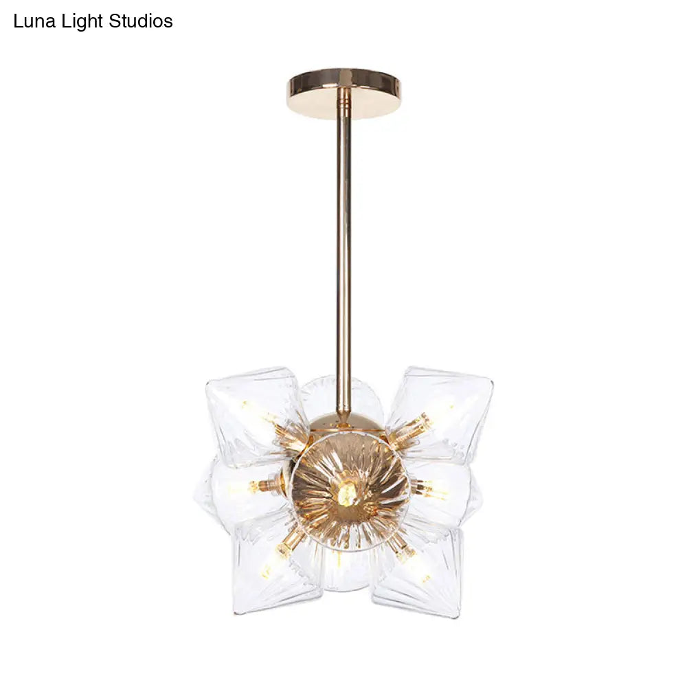 Stylish Farmhouse Chandelier Lamp: Diamond Amber/Clear Glass 9/12 Heads Copper/Gold Finish