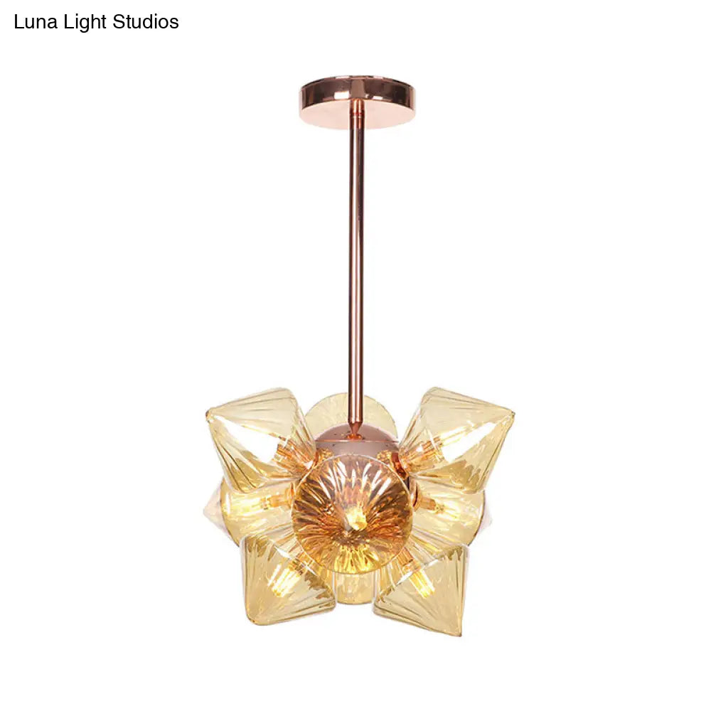 Stylish Farmhouse Chandelier Lamp: Diamond Amber/Clear Glass 9/12 Heads Copper/Gold Finish