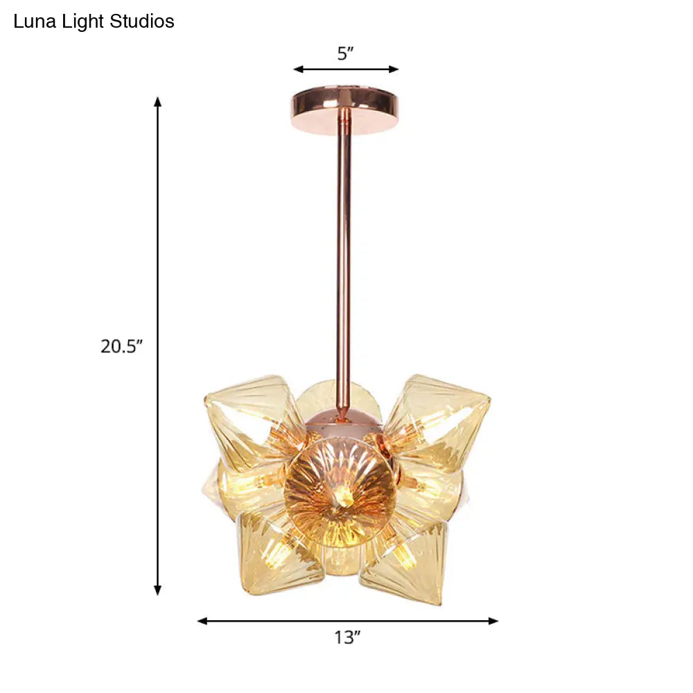 Stylish Farmhouse Chandelier Lamp: Diamond Amber/Clear Glass 9/12 Heads Copper/Gold Finish