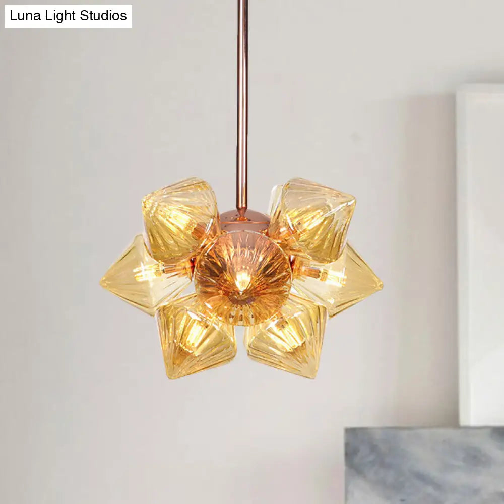 Stylish Farmhouse Diamond Chandelier: Amber/Clear Glass 9/12 Heads Copper/Gold Finish