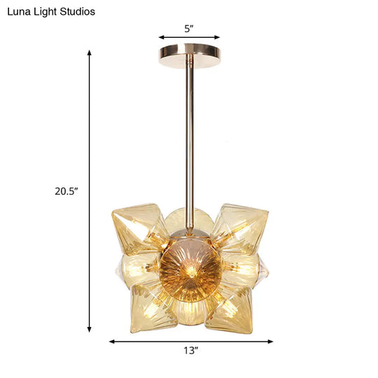 Stylish Farmhouse Chandelier Lamp: Diamond Amber/Clear Glass 9/12 Heads Copper/Gold Finish