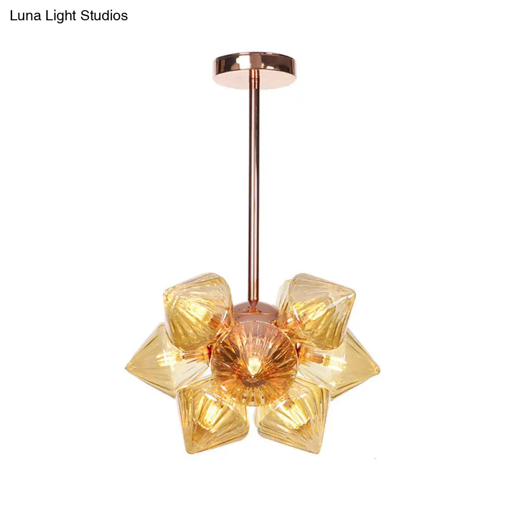 Stylish Farmhouse Chandelier Lamp: Diamond Amber/Clear Glass 9/12 Heads Copper/Gold Finish