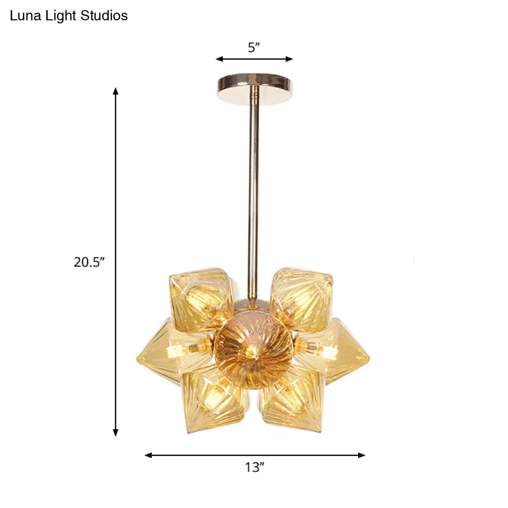 Stylish Farmhouse Chandelier Lamp: Diamond Amber/Clear Glass 9/12 Heads Copper/Gold Finish