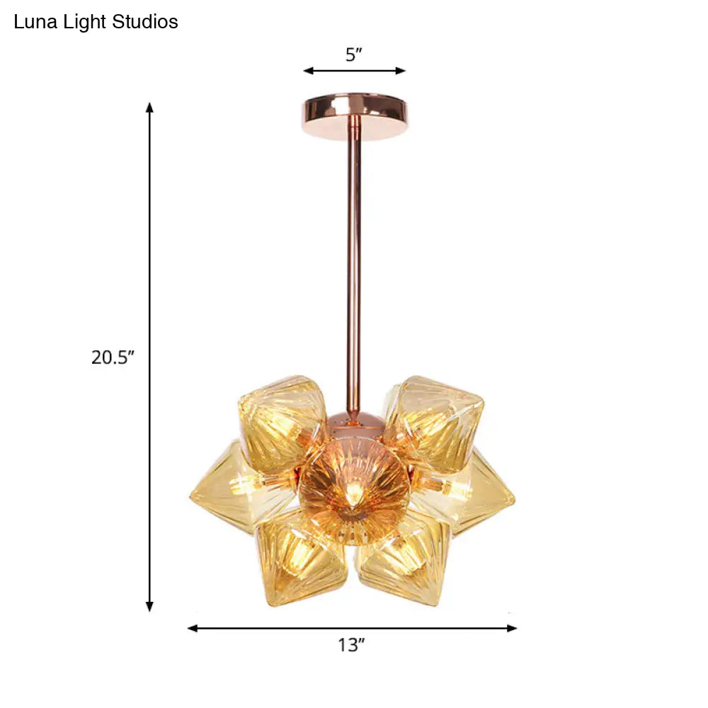 Stylish Farmhouse Chandelier Lamp: Diamond Amber/Clear Glass 9/12 Heads Copper/Gold Finish