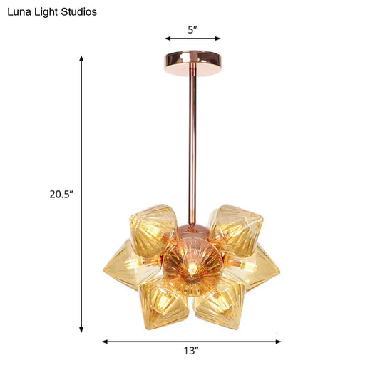 Stylish Farmhouse Chandelier Lamp: Diamond Amber/Clear Glass 9/12 Heads Copper/Gold Finish