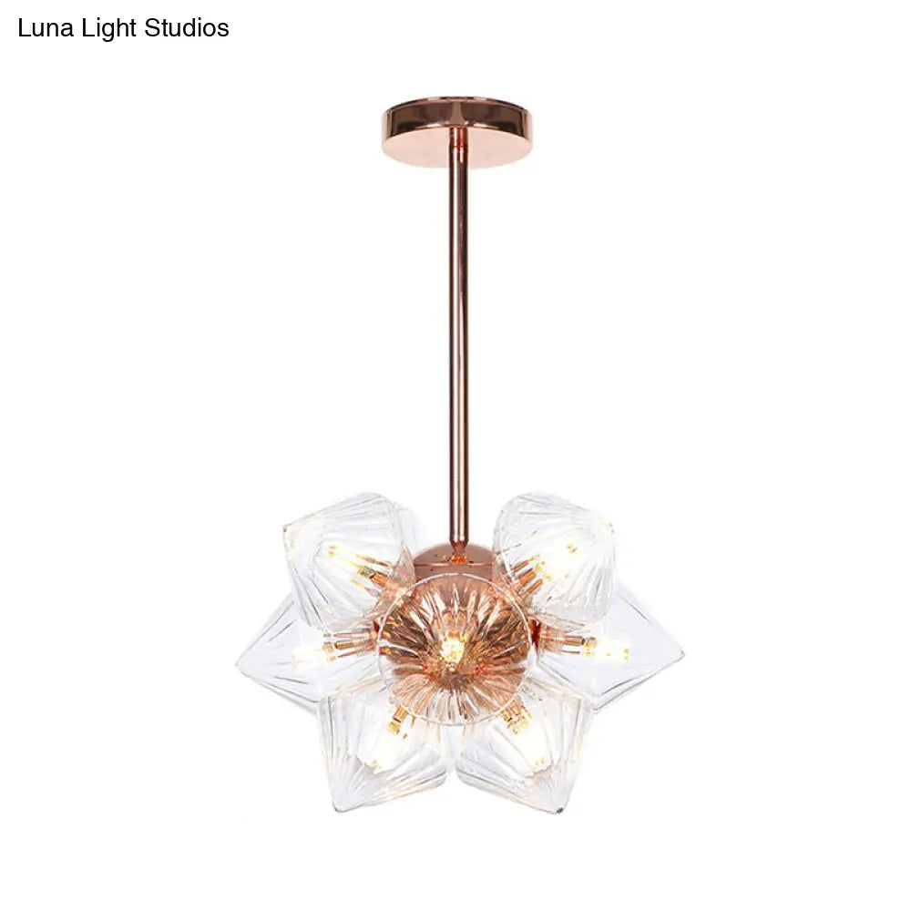 Stylish Farmhouse Chandelier Lamp: Diamond Amber/Clear Glass 9/12 Heads Copper/Gold Finish