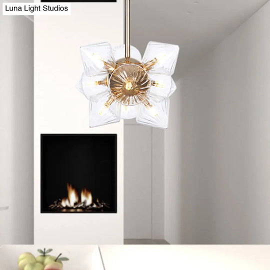 Stylish Farmhouse Chandelier Lamp: Diamond Amber/Clear Glass 9/12 Heads Copper/Gold Finish