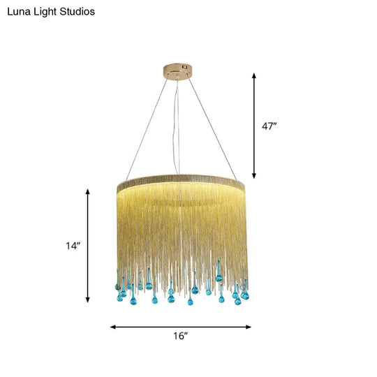 Stylish Fringe Skirt Pendant Lamp: Modern Aluminum Led Hanging Light In Gold With Blue Glass Drop -