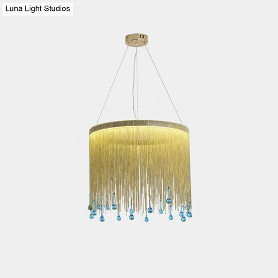 Stylish Fringe Skirt Pendant Lamp: Modern Aluminum Led Hanging Light In Gold With Blue Glass Drop -