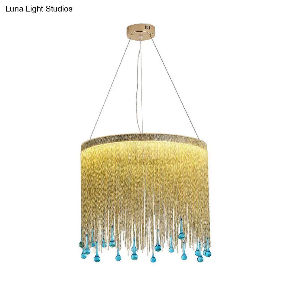 Stylish Fringe Skirt Pendant Lamp: Modern Aluminum Led Hanging Light In Gold With Blue Glass Drop -