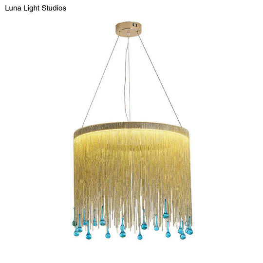 Stylish Fringe Skirt Pendant Lamp: Modern Aluminum Led Hanging Light In Gold With Blue Glass Drop -