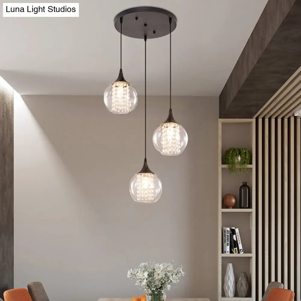 Modern Clear Glass Globe Multilight Ceiling Pendant With 3 Bulbs In Black For Dining Room