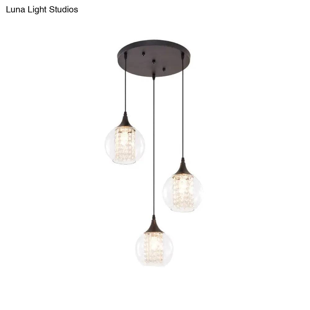 Modern Clear Glass Globe Multilight Ceiling Pendant With 3 Bulbs In Black For Dining Room