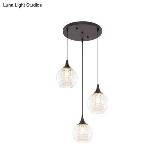 Modern Clear Glass Globe Multilight Ceiling Pendant With 3 Bulbs In Black For Dining Room