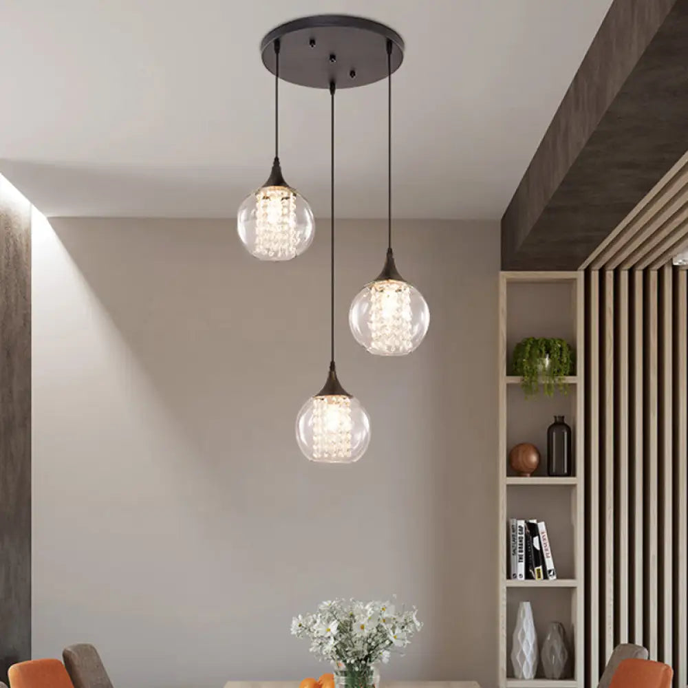 Stylish Globe Multi Ceiling Light With Clear Glass 3 Bulbs Black Finish - Modern Dining Room