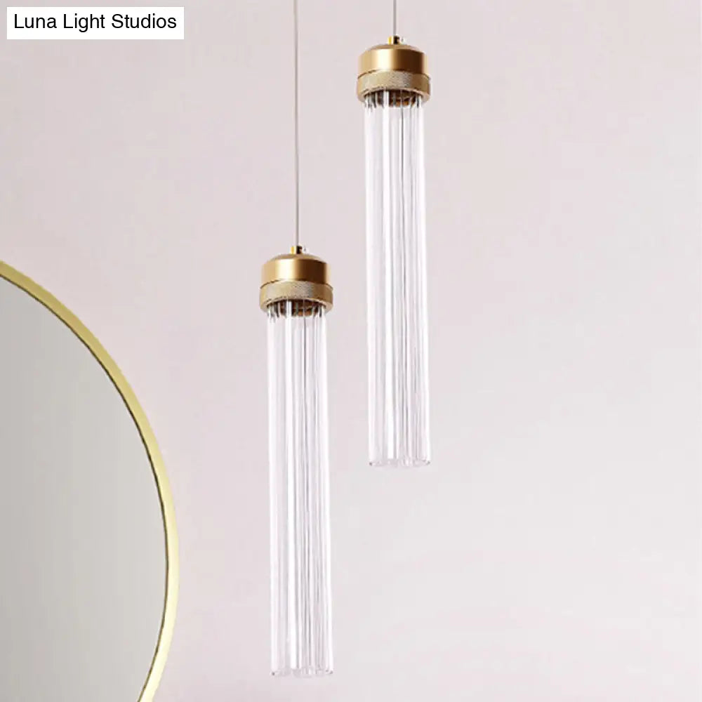 Stylish Gold Cylinder Pendant Light With Clear Glass Shade - Ideal For Restaurants And Bedrooms