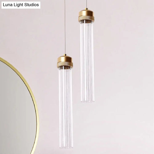 Stylish Gold Cylinder Pendant Light With Clear Glass Shade - Ideal For Restaurants And Bedrooms