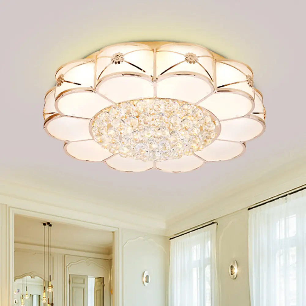 Stylish Gold Led Ceiling Light: Modern Frosted Glass Petals Fixture With Crystal Ball Drop