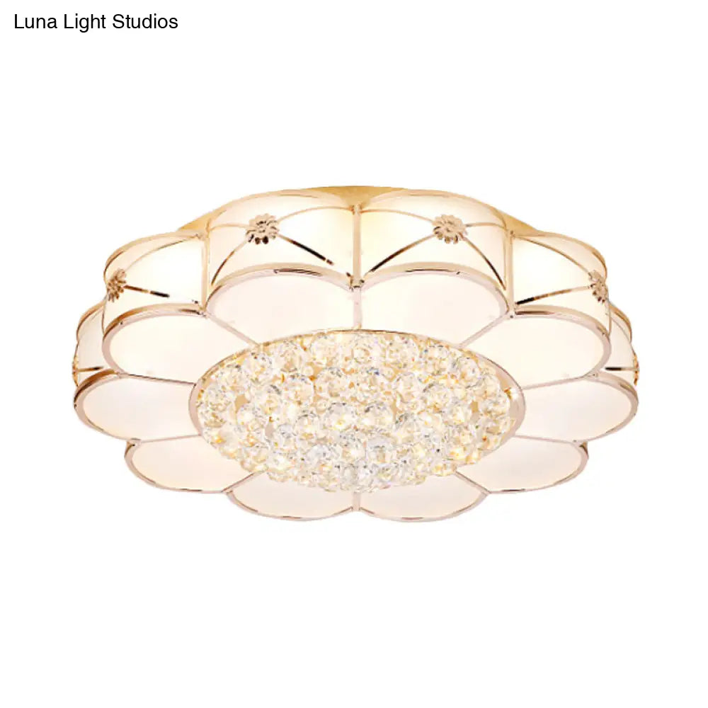 Stylish Gold Led Ceiling Light: Modern Frosted Glass Petals Fixture With Crystal Ball Drop