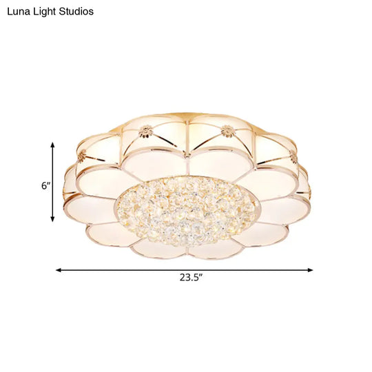 Stylish Gold Led Ceiling Light: Modern Frosted Glass Petals Fixture With Crystal Ball Drop