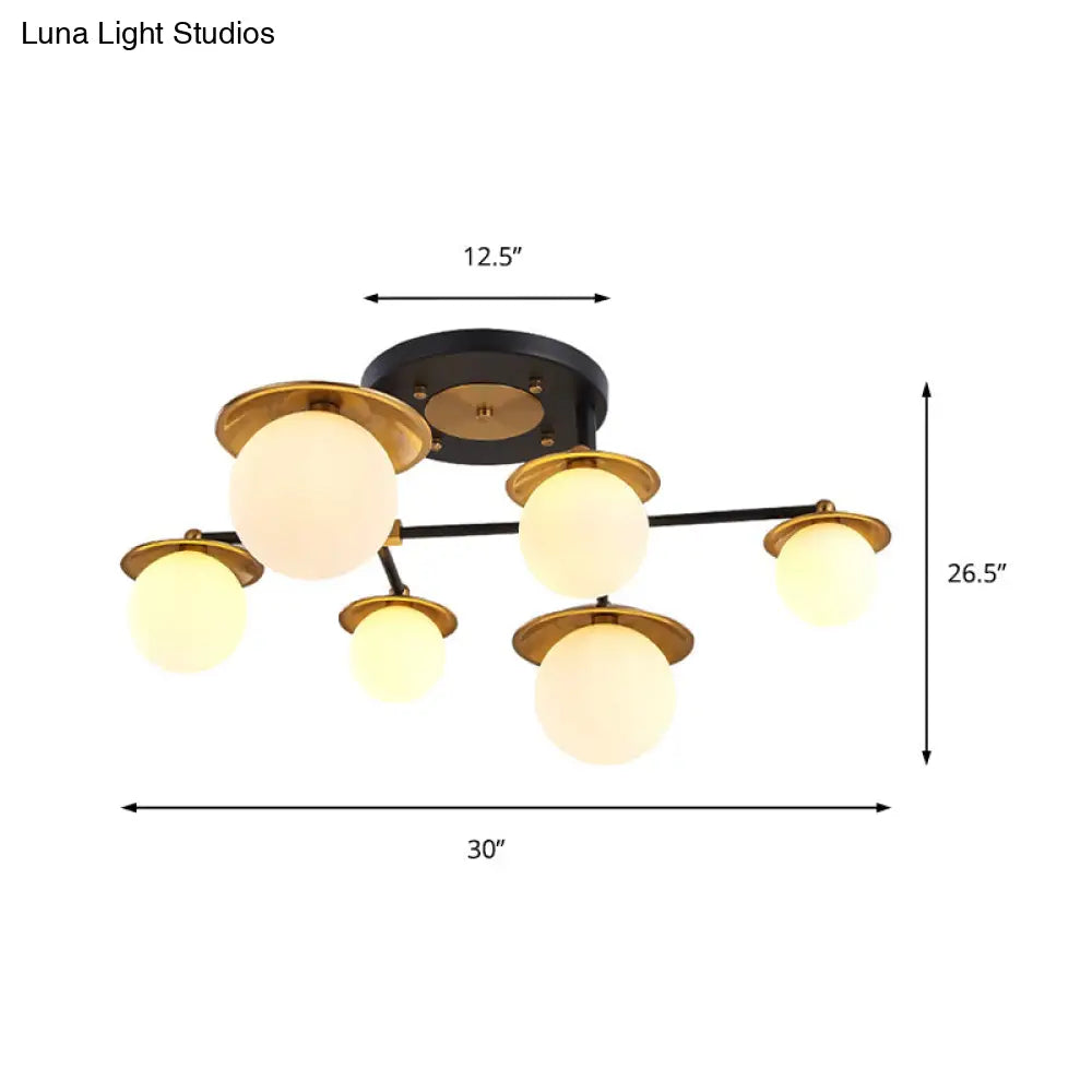 Stylish Gold Semi Flush Ceiling Lamp For Modern Living Rooms - Startburst Globe White Glass Shade