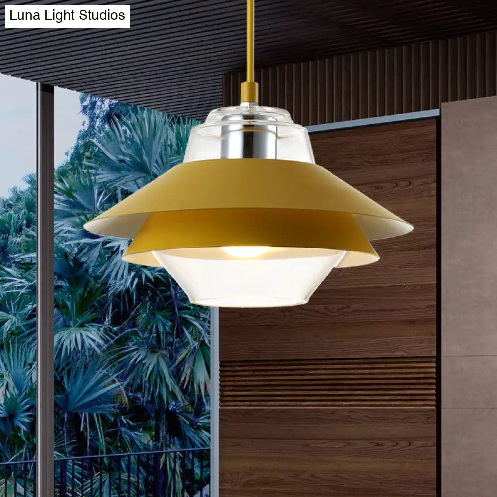 Macaron Stylish Flared Pendant Light: Gray/Yellow | Metal Lamp With Clear Glass Shade