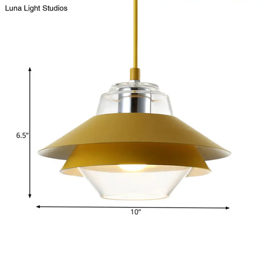 Macaron Stylish Flared Pendant Light: Gray/Yellow | Metal Lamp With Clear Glass Shade