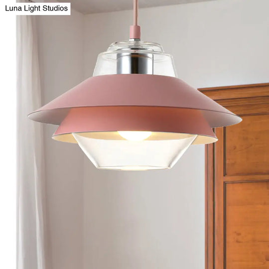 Macaron Stylish Flared Pendant Light: Gray/Yellow | Metal Lamp With Clear Glass Shade Pink