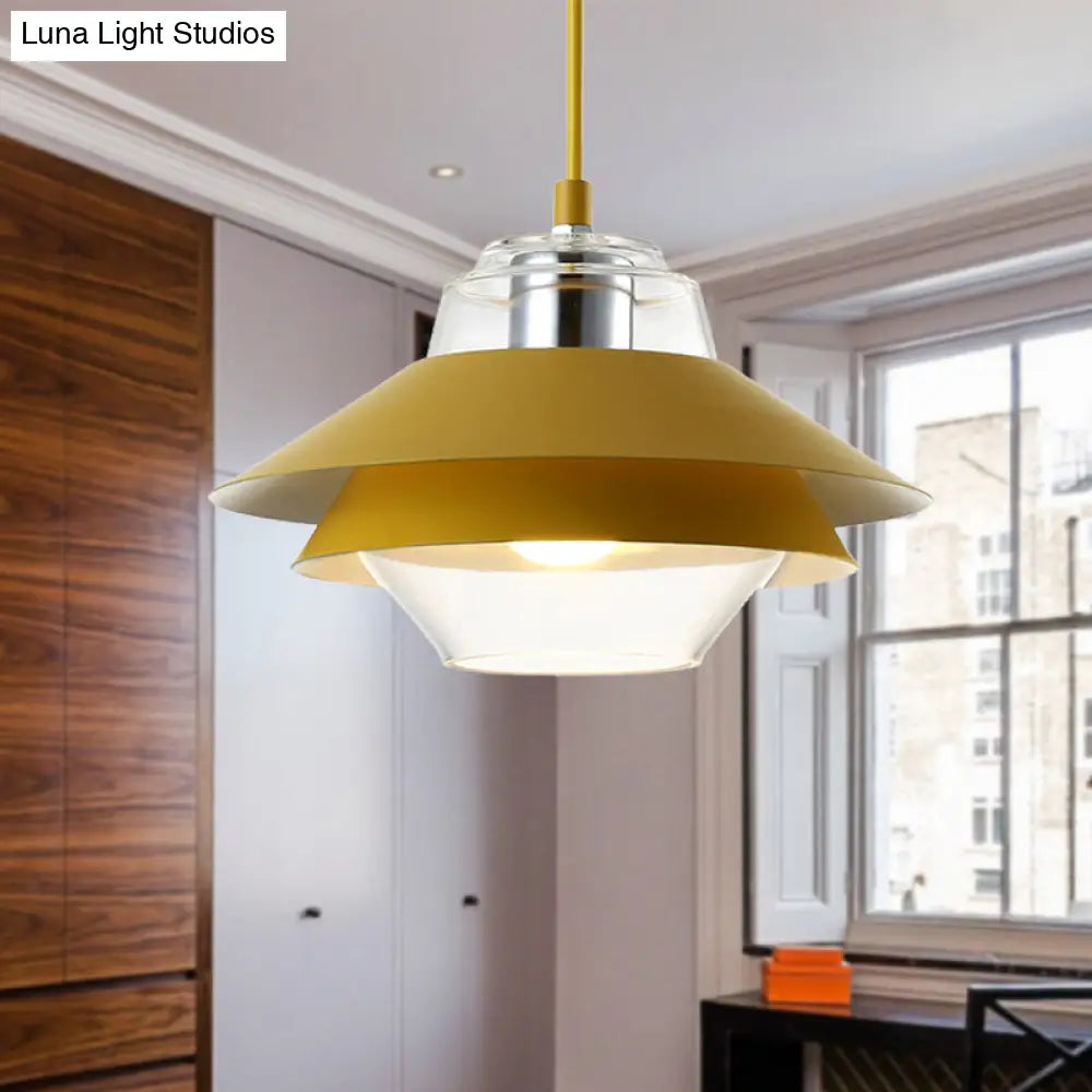 Macaron Stylish Flared Pendant Light: Gray/Yellow | Metal Lamp With Clear Glass Shade Yellow