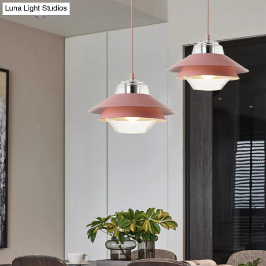 Macaron Stylish Flared Pendant Light: Gray/Yellow | Metal Lamp With Clear Glass Shade