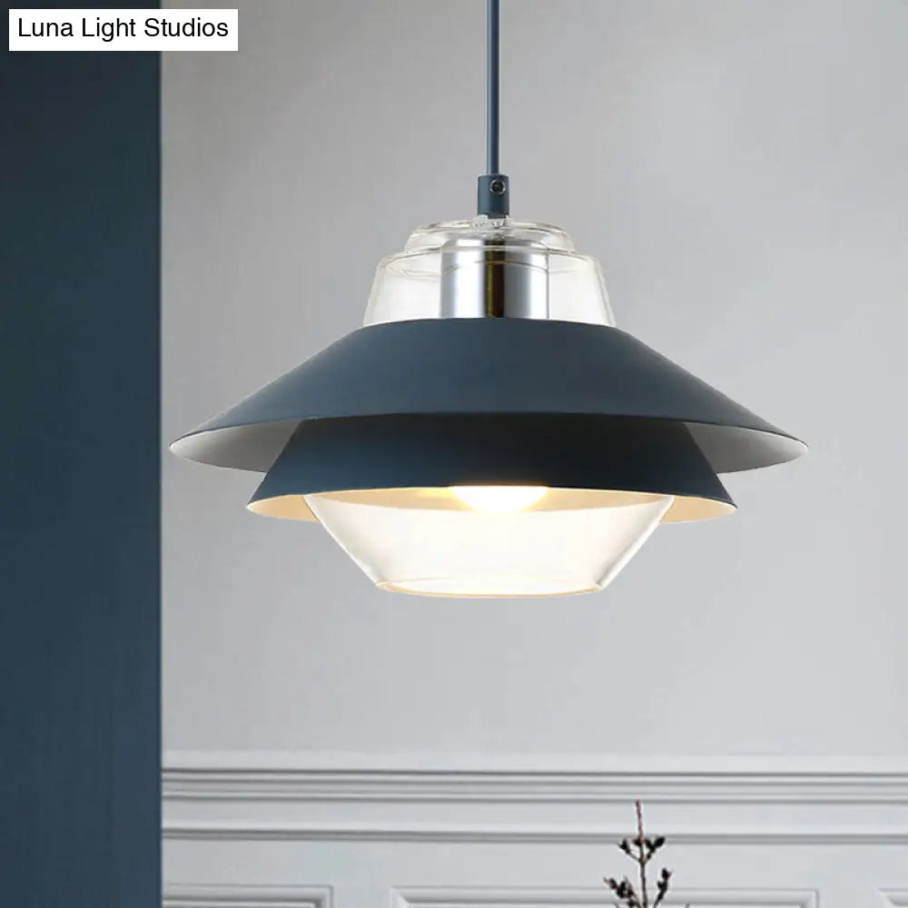 Macaron Stylish Flared Pendant Light: Gray/Yellow | Metal Lamp With Clear Glass Shade Blue