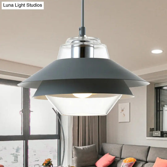 Macaron Stylish Flared Pendant Light: Gray/Yellow | Metal Lamp With Clear Glass Shade