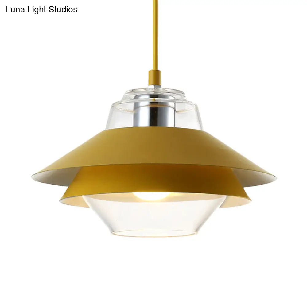 Macaron Stylish Flared Pendant Light: Gray/Yellow | Metal Lamp With Clear Glass Shade