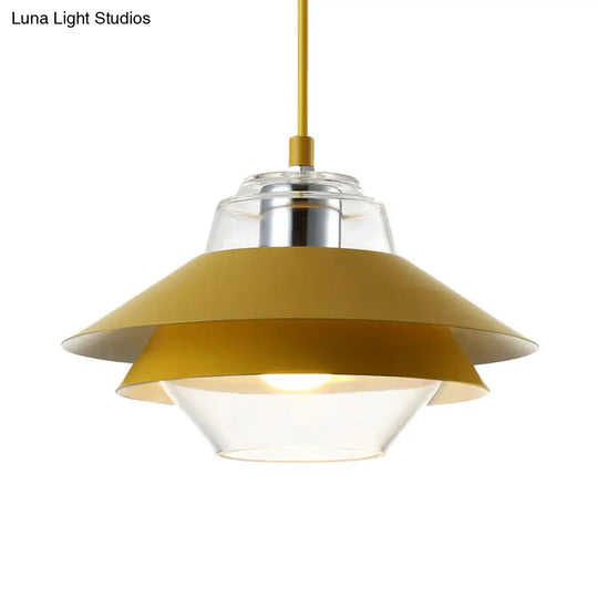 Macaron Stylish Flared Pendant Light: Gray/Yellow | Metal Lamp With Clear Glass Shade