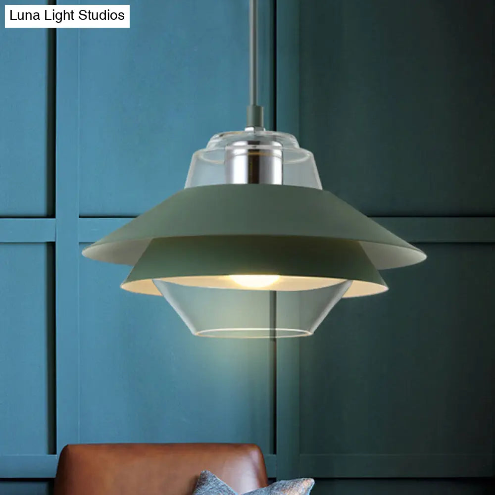 Macaron Stylish Flared Pendant Light: Gray/Yellow | Metal Lamp With Clear Glass Shade