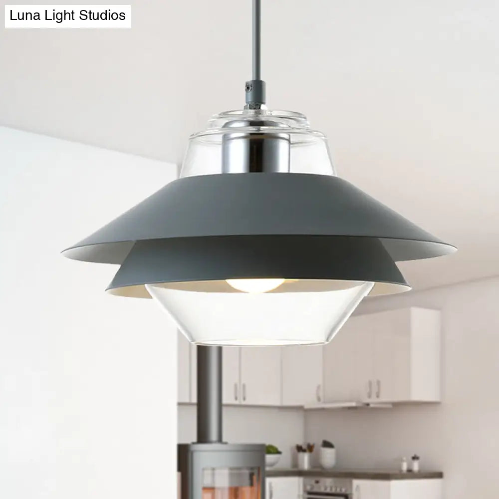 Macaron Stylish Flared Pendant Light: Gray/Yellow | Metal Lamp With Clear Glass Shade Grey