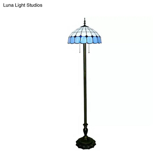 Stylish Grid Dome Standing Floor Lamp - Tiffany Glass Blue Light For Living Room