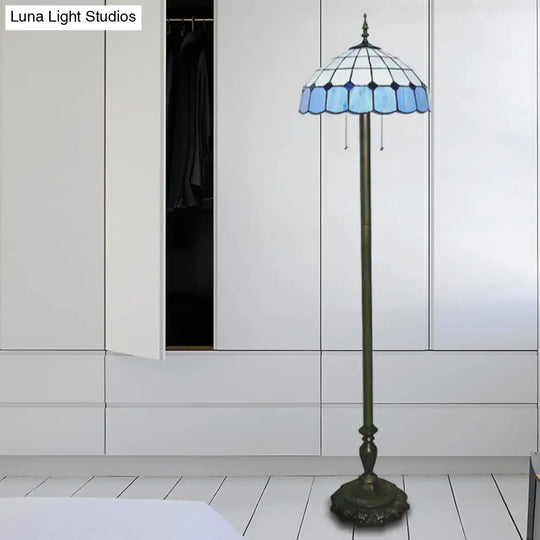 Stylish Grid Dome Standing Floor Lamp - Tiffany Glass Blue Light For Living Room