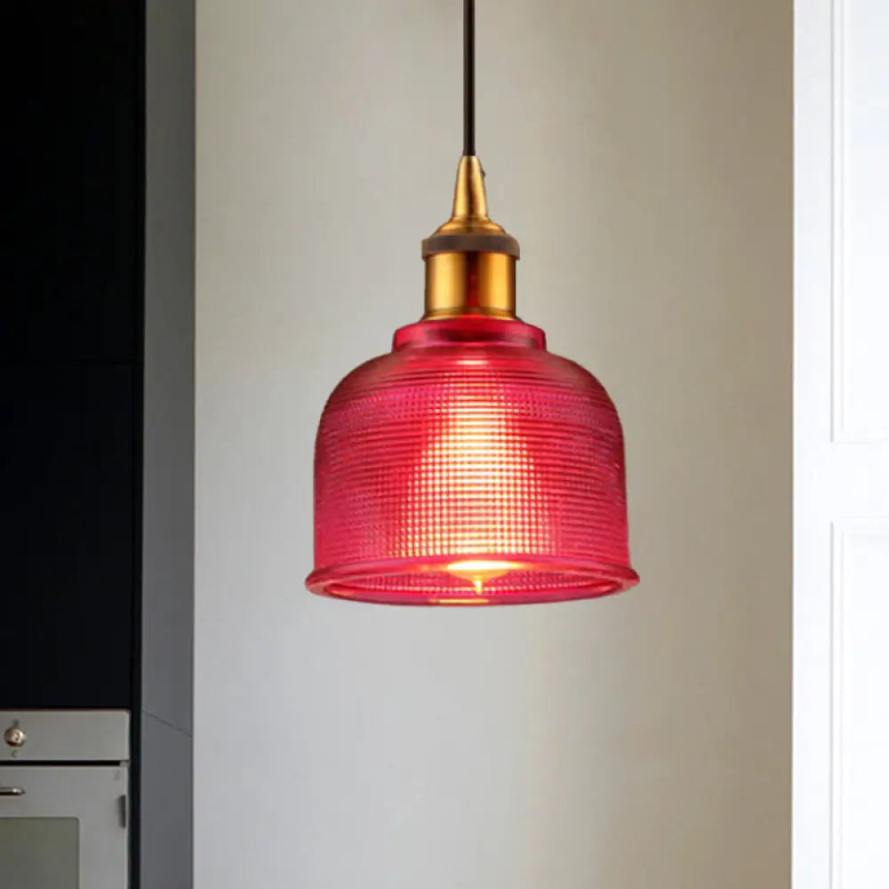 Stylish Grid Glass Pendant Light - Traditional 1 Head Hanging Lamp Cup Shade For Living Room And