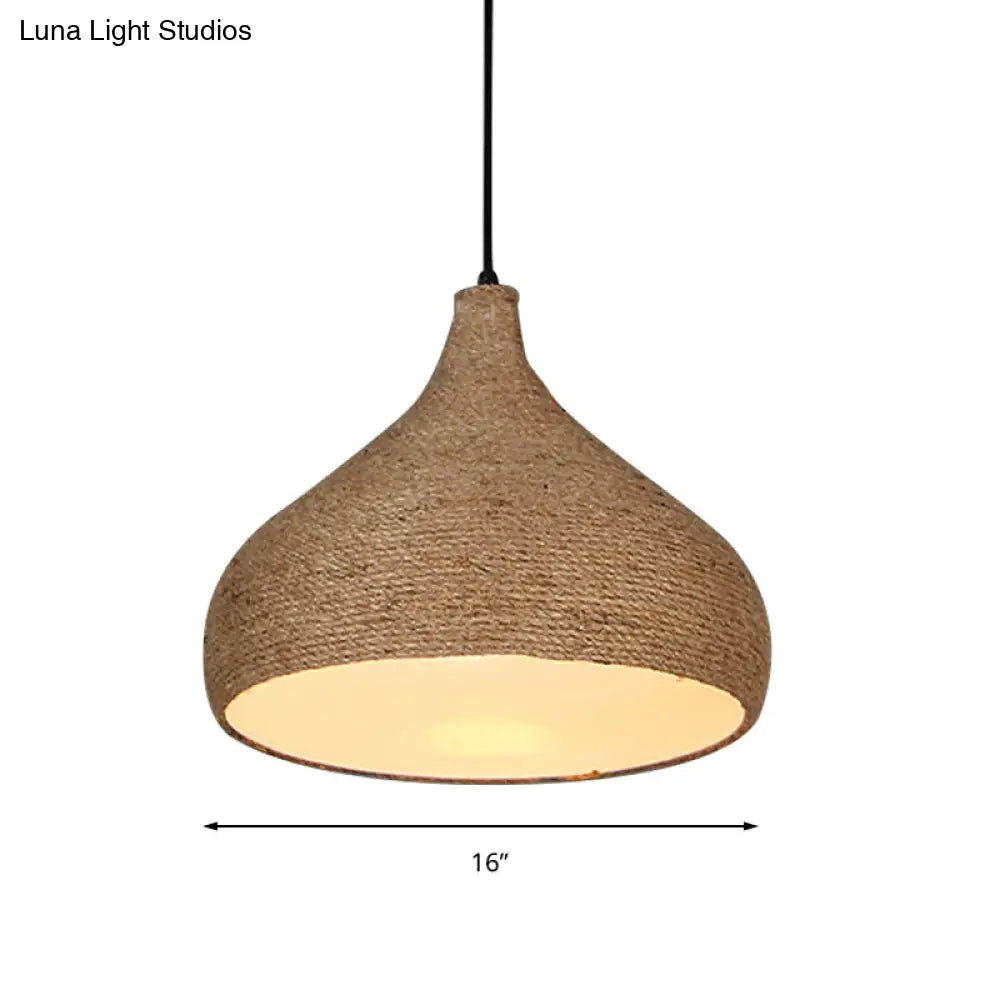Stylish Hemp Rope Teardrop Pendant Light: Lodge-Inspired Beige Suspension Lamp With 1 Bulb For