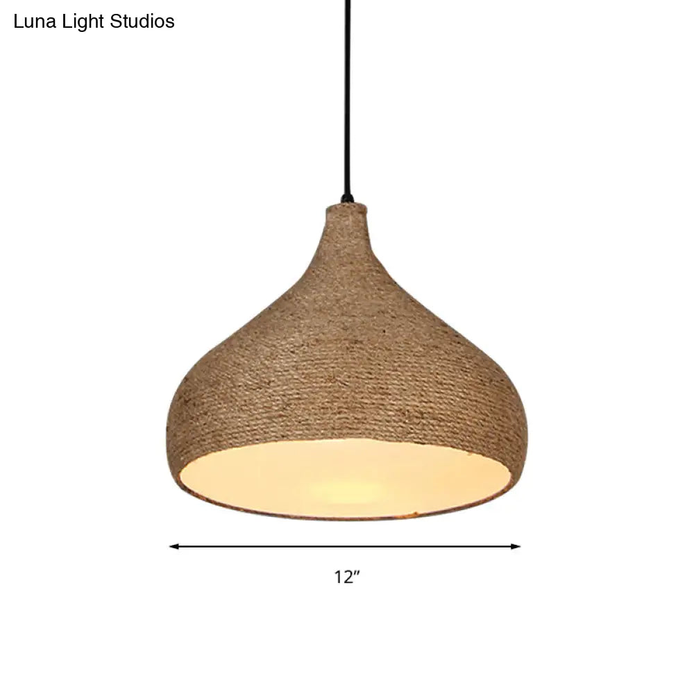 Stylish Hemp Rope Teardrop Pendant Light: Lodge-Inspired Beige Suspension Lamp With 1 Bulb For